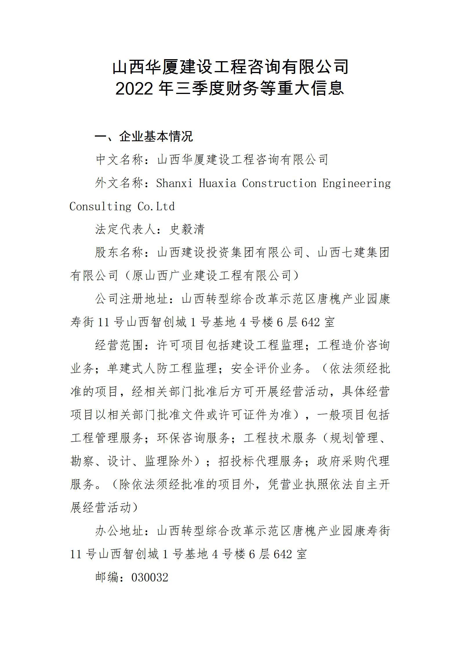 山西华厦Z6尊龙凯时工程咨询有限公司2022年三季度财务等重大信息