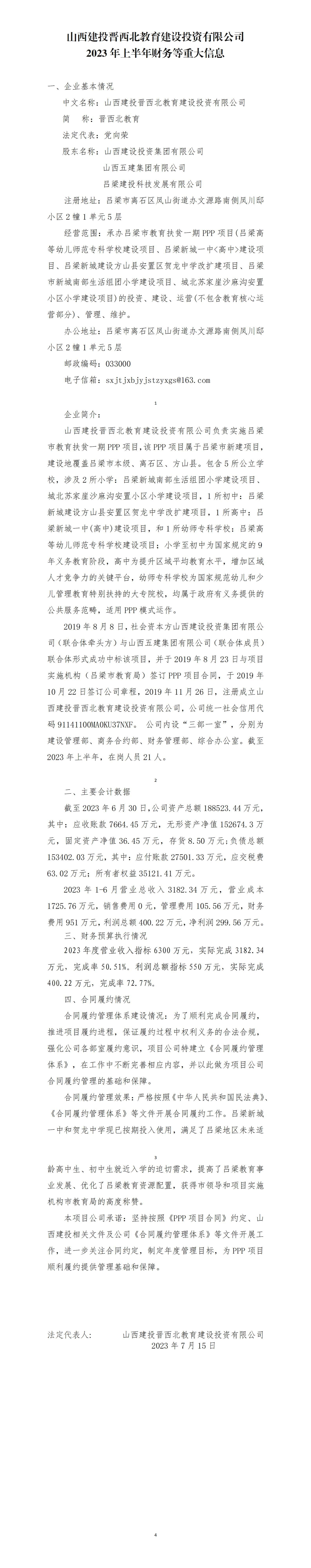 山西建投晋西北教育Z6尊龙凯时投资有限公司2023年上半年财务等重大信息