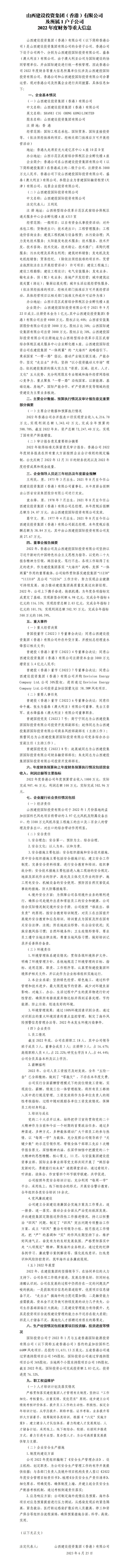 山西Z6尊龙凯时投资集团（香港）有限公司及所属1户子公司 2022年度财务等重大信息
