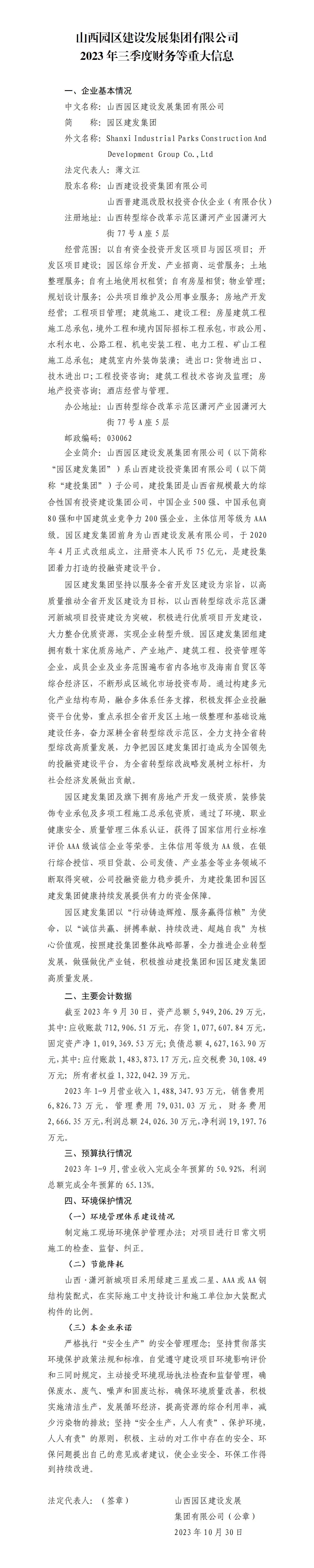 山西园区Z6尊龙凯时发展集团有限公司2023年三季度财务等重大信息