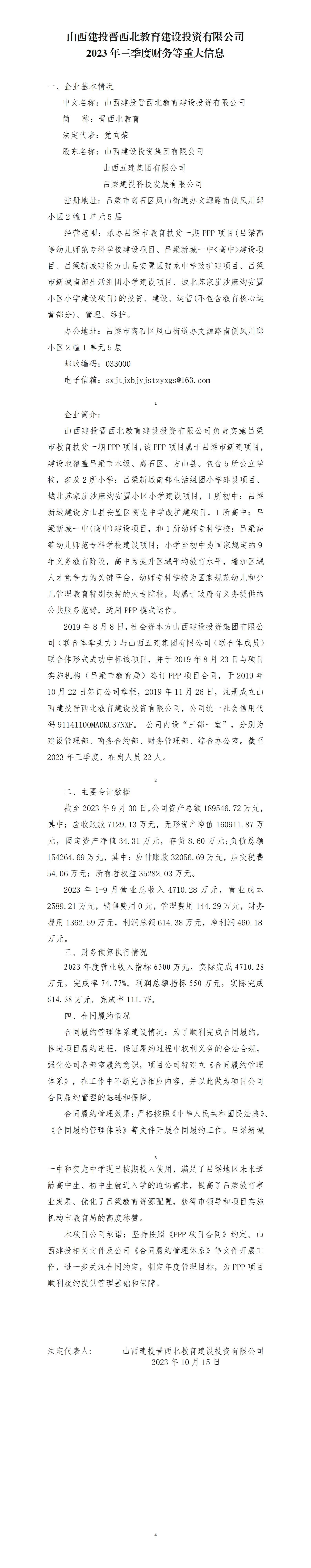 山西建投晋西北教育Z6尊龙凯时投资有限公司2023年三季度财务等重大信息
